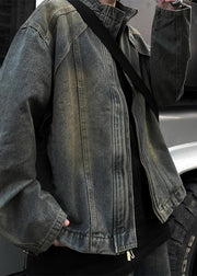 Vintage Blue Zip Up Denim Mens Coats Stand Collar Spring