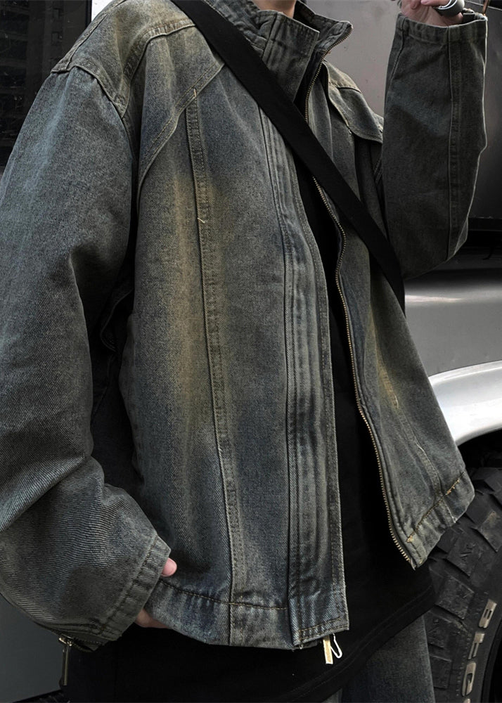 Vintage Blue Zip Up Denim Mens Coats Stand Collar Spring