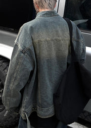 Vintage Blue Zip Up Denim Mens Coats Stand Collar Spring