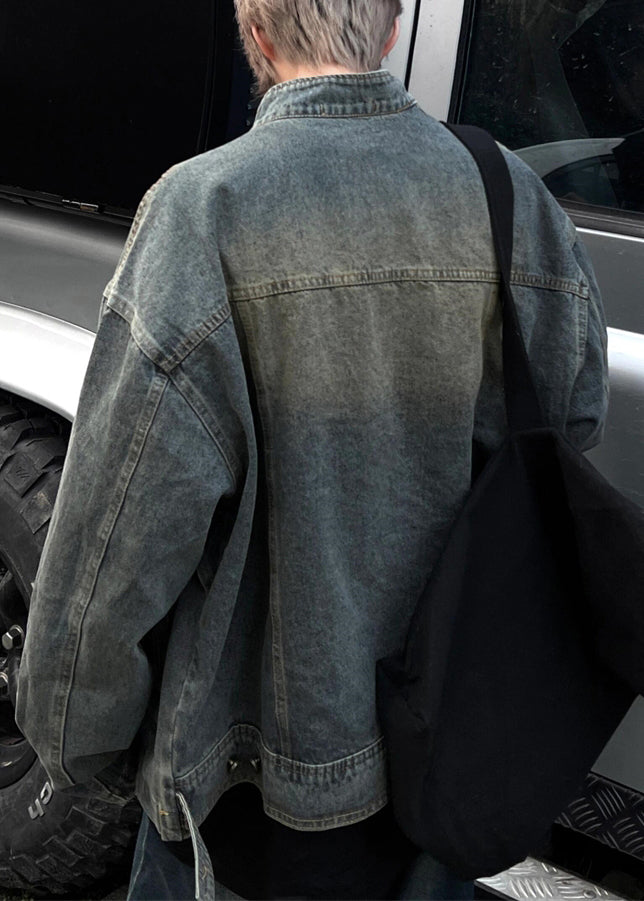 Vintage Blue Zip Up Denim Mens Coats Stand Collar Spring