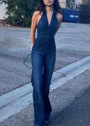 Vintage Blue Zip Up High Waist Denim Jumpsuit Sleeveless