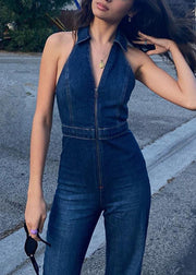 Vintage Blue Zip Up High Waist Denim Jumpsuit Sleeveless