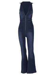 Vintage Blue Zip Up High Waist Denim Jumpsuit Sleeveless