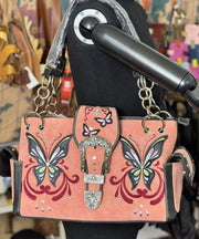 Vintage Brick Red Embroidered Butterfly Suede Shoulder Bags