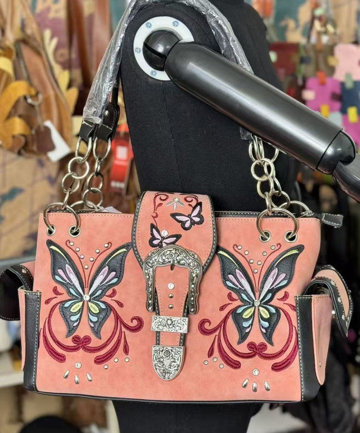 Vintage Brick Red Embroidered Butterfly Suede Shoulder Bags