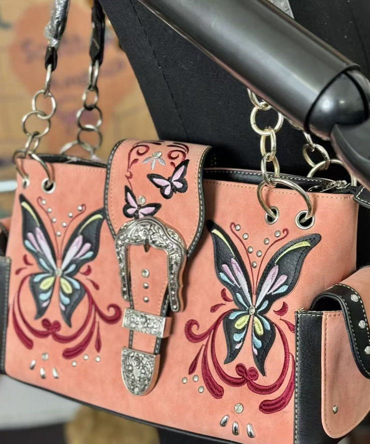 Vintage Brick Red Embroidered Butterfly Suede Shoulder Bags