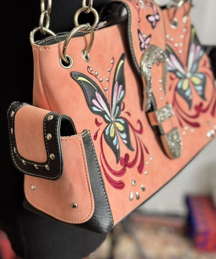 Vintage Brick Red Embroidered Butterfly Suede Shoulder Bags
