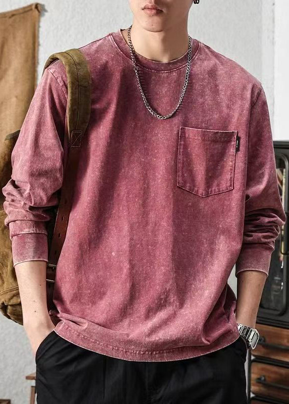 Vintage Brick Red Pockets Solid Cotton Men T Shirt Spring