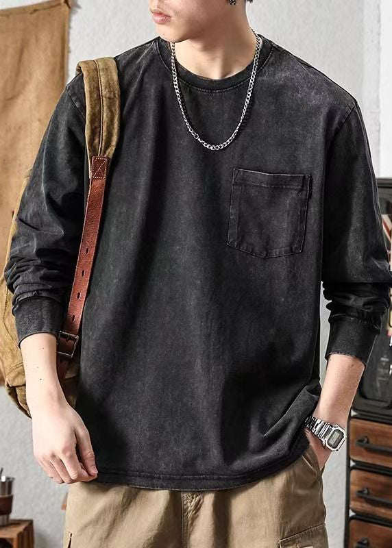Vintage Brick Red Pockets Solid Cotton Men T Shirt Spring