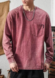 Vintage Brick Red Pockets Solid Cotton Men T Shirt Spring