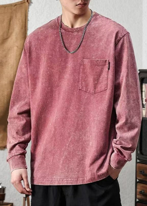 Vintage Brick Red Pockets Solid Cotton Men T Shirt Spring