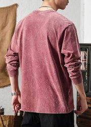Vintage Brick Red Pockets Solid Cotton Men T Shirt Spring