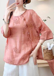 Vintage Brick Red Tassel Embroidered Cotton Top Summer