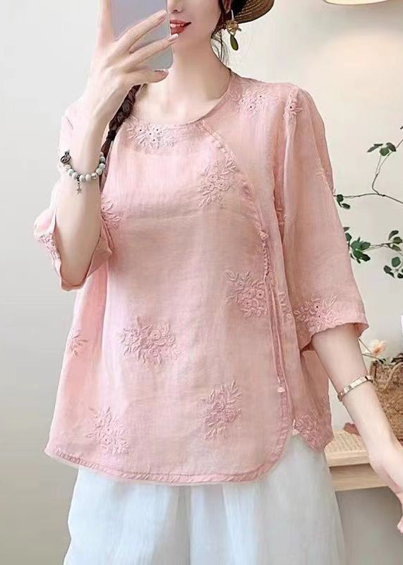 Vintage Brick Red Tassel Embroidered Cotton Top Summer