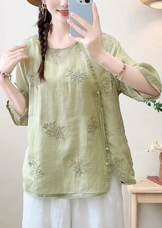 Vintage Brick Red Tassel Embroidered Cotton Top Summer