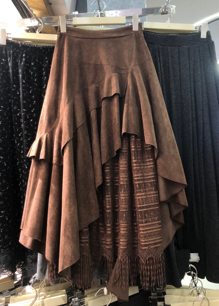 Vintage Brown Asymmetrical Patchwork Faux Suede Skirt Winter