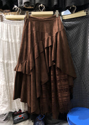 Vintage Brown Asymmetrical Patchwork Faux Suede Skirt Winter