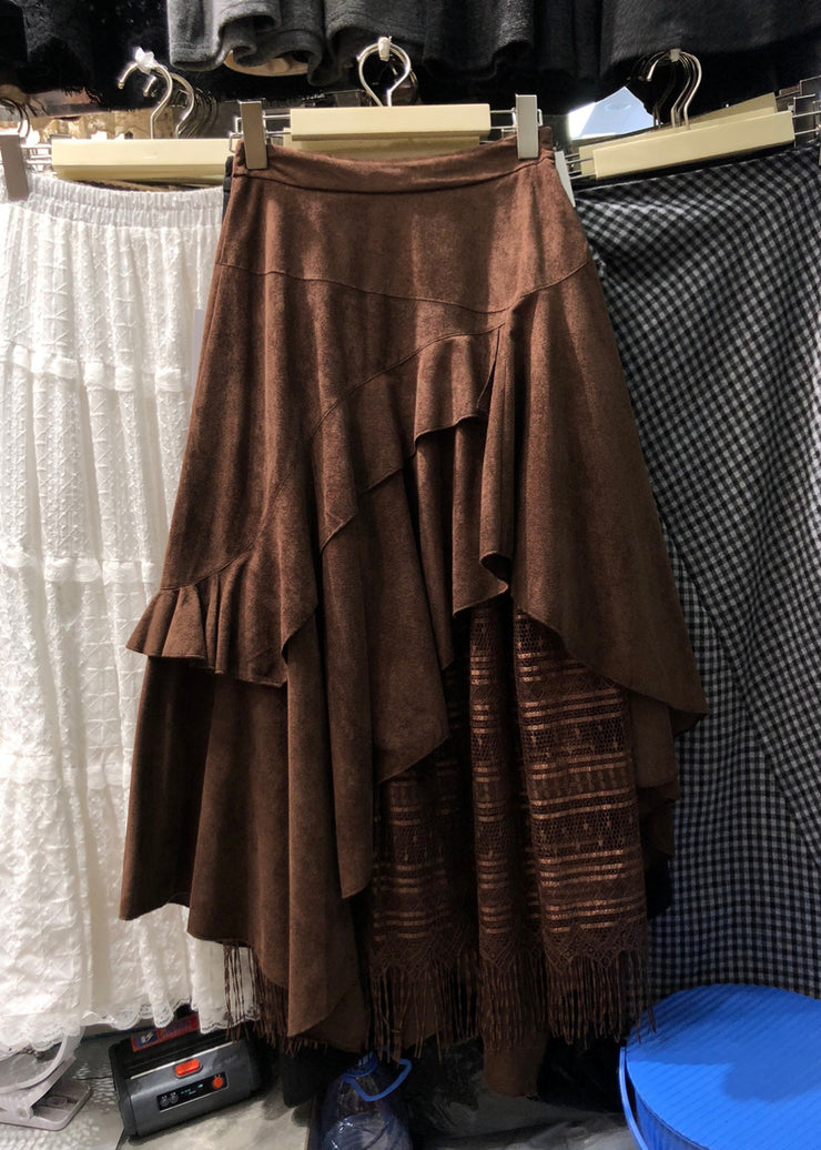 Vintage Brown Asymmetrical Patchwork Faux Suede Skirt Winter