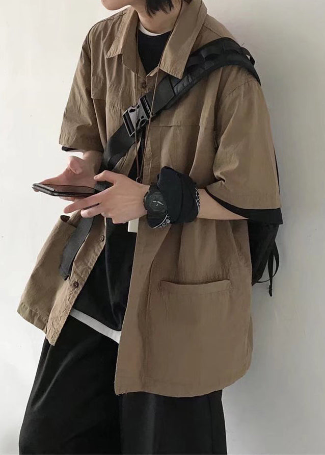 Vintage Brown Button Pockets Solid Cotton Mens Shirt Summer