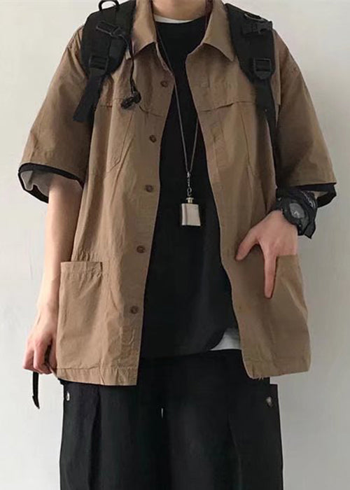 Vintage Brown Button Pockets Solid Cotton Mens Shirt Summer