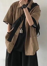 Vintage Brown Button Pockets Solid Cotton Mens Shirt Summer