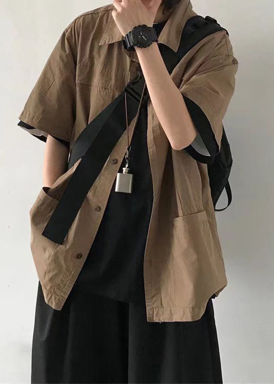 Vintage Brown Button Pockets Solid Cotton Mens Shirt Summer
