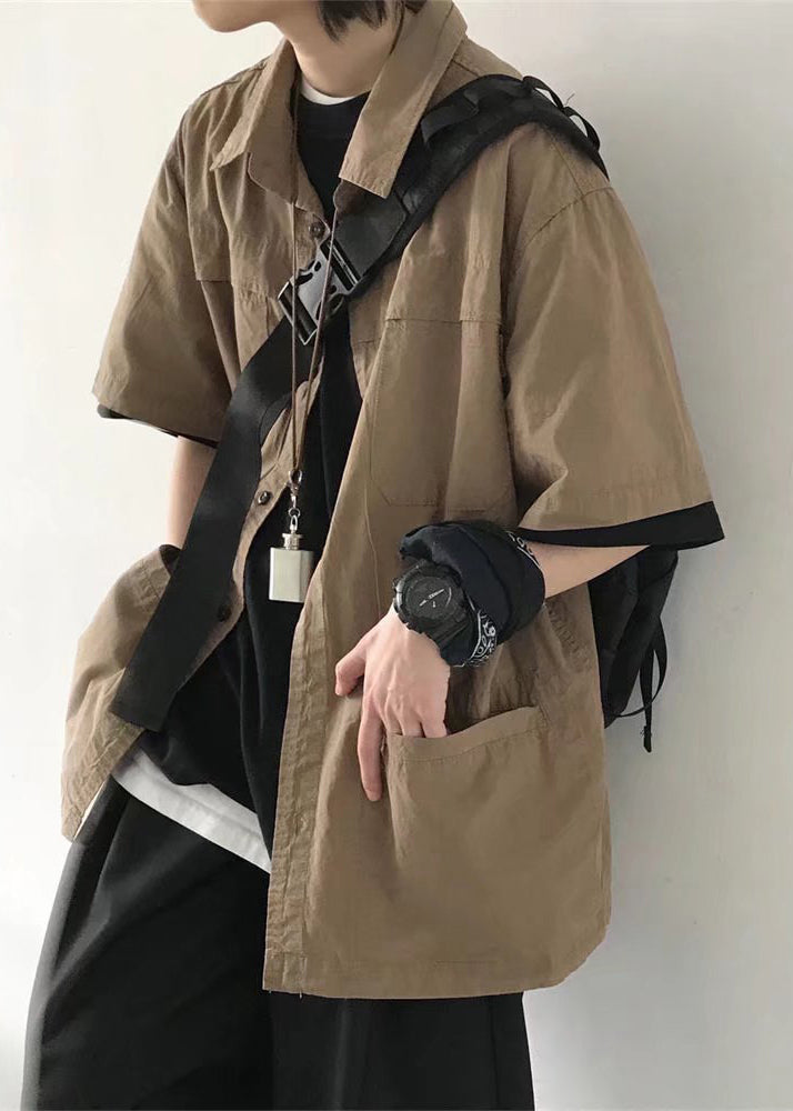Vintage Brown Button Pockets Solid Cotton Mens Shirt Summer