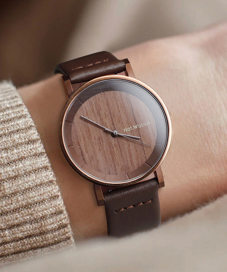 Vintage Brown Genuine Leather Inlaid Wooden Quartz Movement Watch
