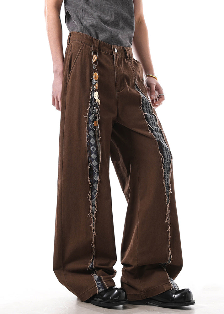 Vintage Brown Hole High Waist Patchwork Denim Mens Pants Fall