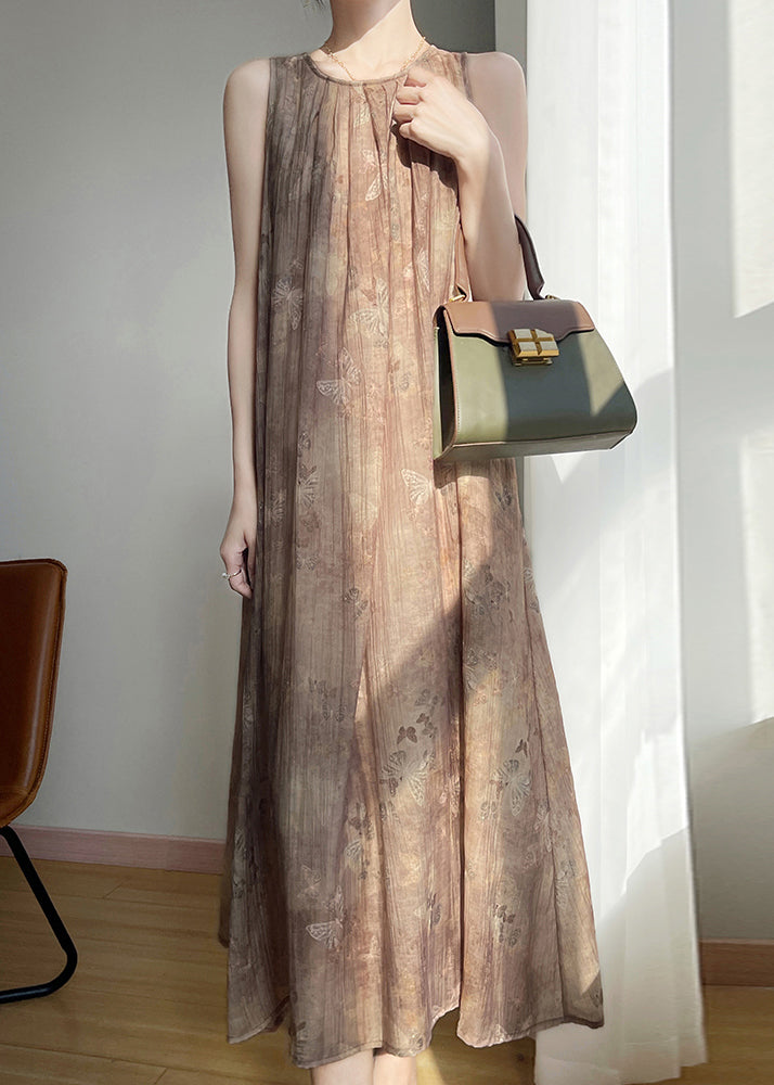 Vintage Brown O Neck Print Cotton Long Dress Sleeveless