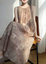Vintage Brown O Neck Print Cotton Long Dress Sleeveless