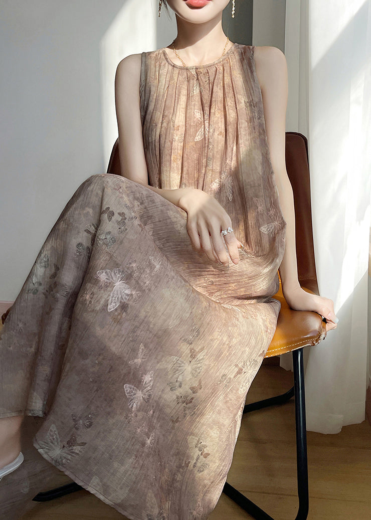 Vintage Brown O Neck Print Cotton Long Dress Sleeveless