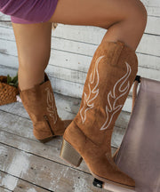 Vintage Brown Pointed Toe Zippered Splicing Suede Middle Boots