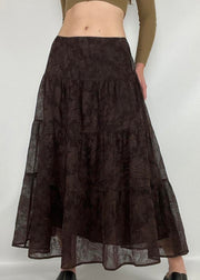 Vintage Brown Print High Waist Tulle Skirts Summer