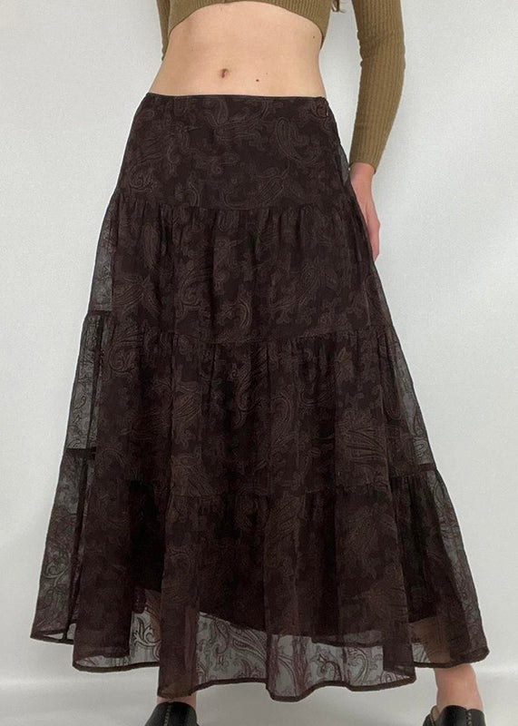 Vintage Brown Print High Waist Tulle Skirts Summer