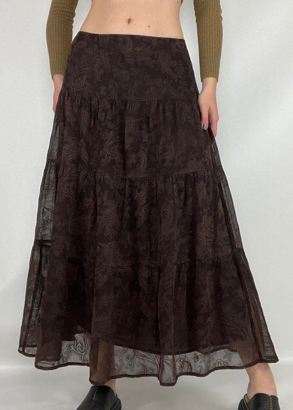Vintage Brown Print High Waist Tulle Skirts Summer