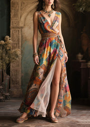 Vintage Brown Print Side Open Chiffon Cami Dresses Summer