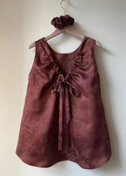 Vintage Brown V Neck Lace Up Solid Cotton Tank Sleeveless
