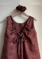 Vintage Brown V Neck Lace Up Solid Cotton Tank Sleeveless