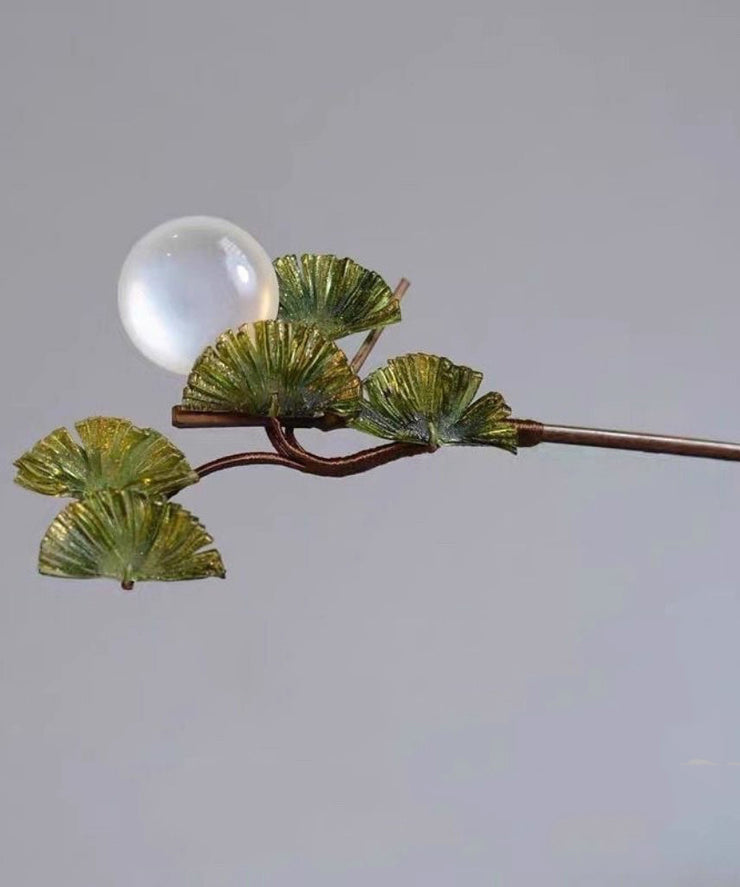 Vintage Brown Wooden Fan Transparent Beads Hairpin