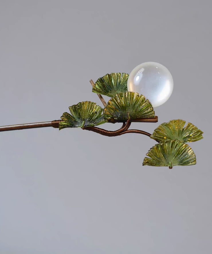 Vintage Brown Wooden Fan Transparent Beads Hairpin