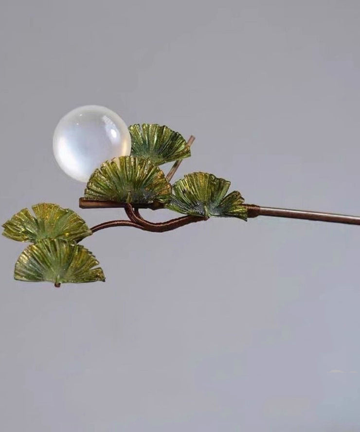 Vintage Brown Wooden Fan Transparent Beads Hairpin