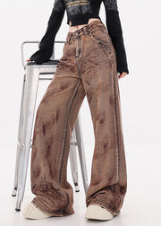 Vintage Camel Tie Dye Pockets High Waist Denim Pants Fall