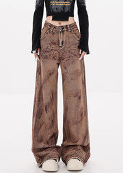 Vintage Camel Tie Dye Pockets High Waist Denim Pants Fall