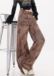 Vintage Camel Tie Dye Pockets High Waist Denim Pants Fall