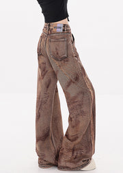 Vintage Camel Tie Dye Pockets High Waist Denim Pants Fall