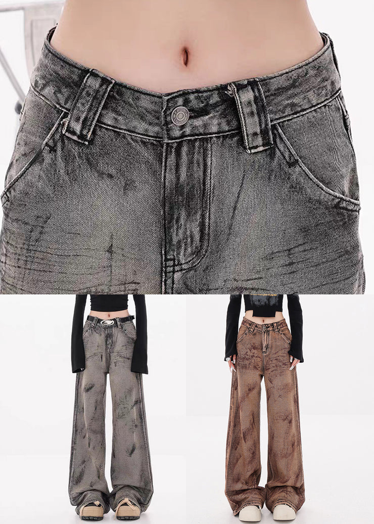 Vintage Camel Tie Dye Pockets High Waist Denim Pants Fall