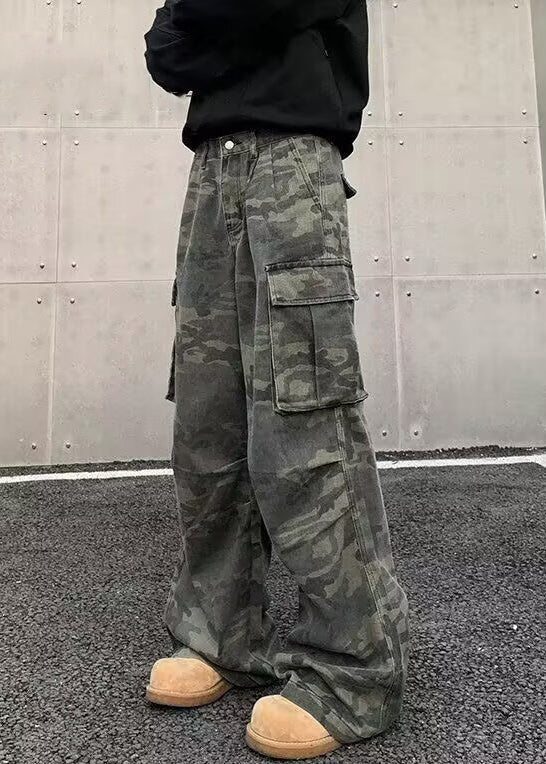 Vintage Camouflage Pockets High Waist Cotton Men Pants Spring