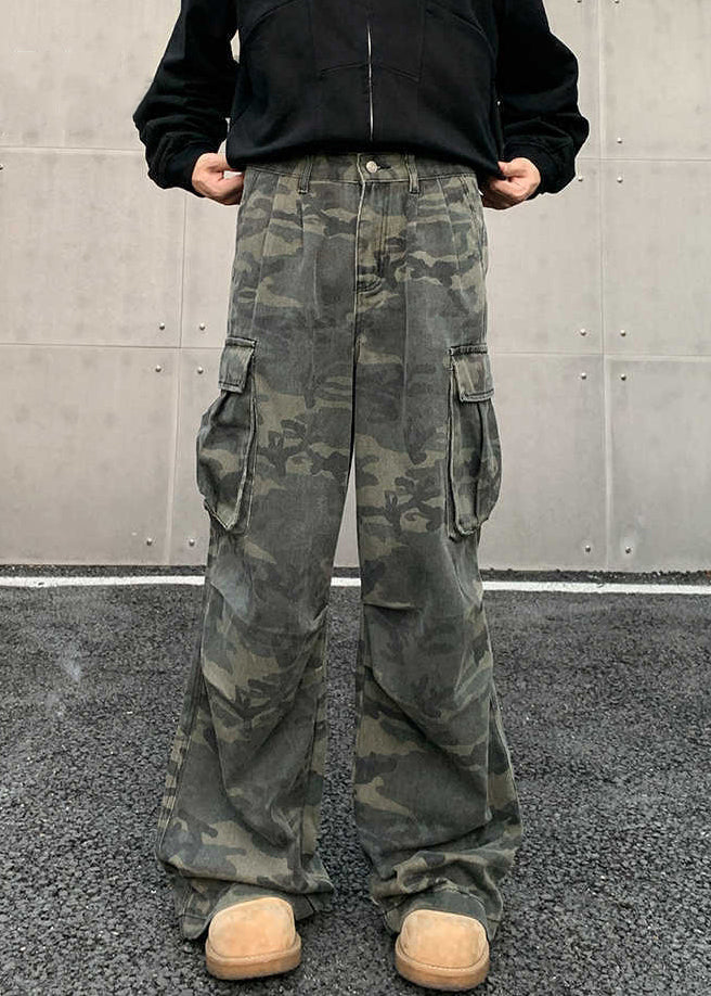 Vintage Camouflage Pockets High Waist Cotton Men Pants Spring