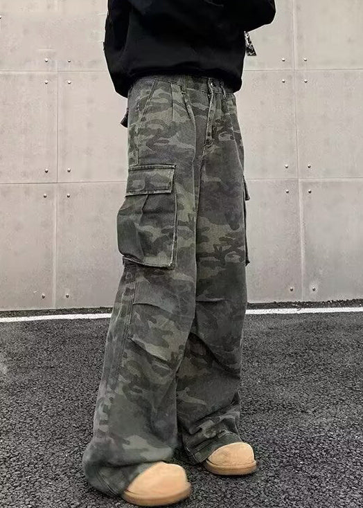 Vintage Camouflage Pockets High Waist Cotton Men Pants Spring